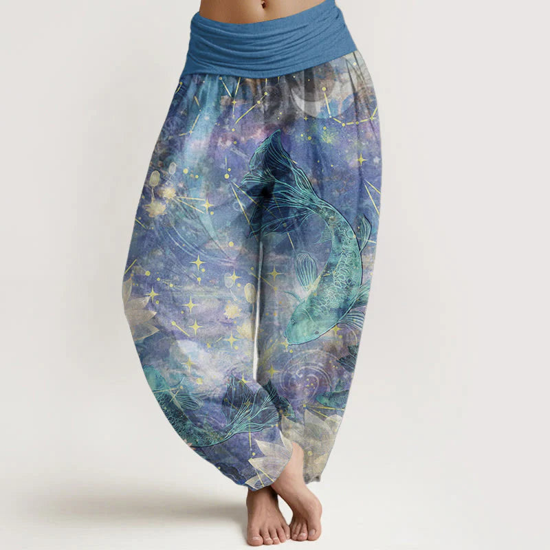 Buddha Stones Pure Cotton Koi Fish Lotus Moon Stars Pattern Women's Elastic Waist Harem Pants
