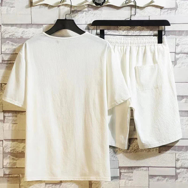 Buddha Stones 2Pcs Short Sleeve T-Shirt Drawstring Short Pants With Pockets Men's Cotton Linen Meditation Cloth Set