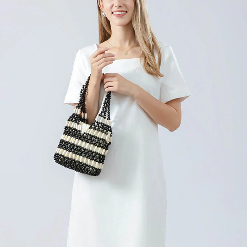 Buddha Stones Hand-woven Round Wooden Beads Handbag