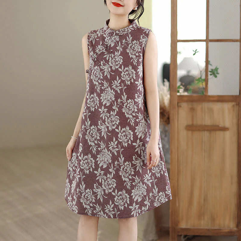 Buddha Stones Frog-button Mandarin Collar Floral Pattern Sleeveless Cotton Mini Dress With Pockets