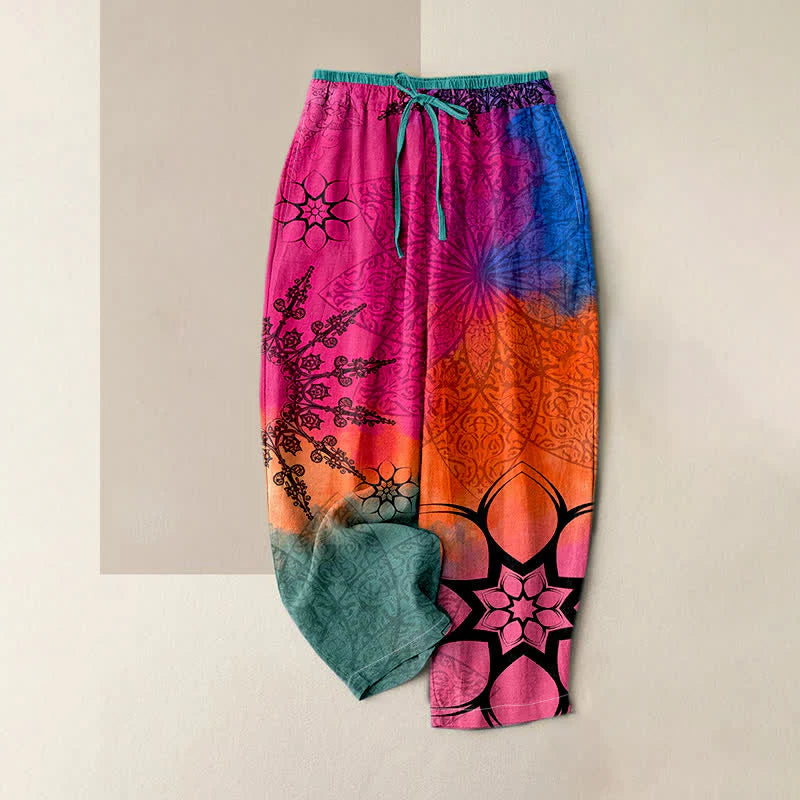 Buddha Stones Cotton Print Gradient Mandala Elastic Waist Women's Pants With Pockets