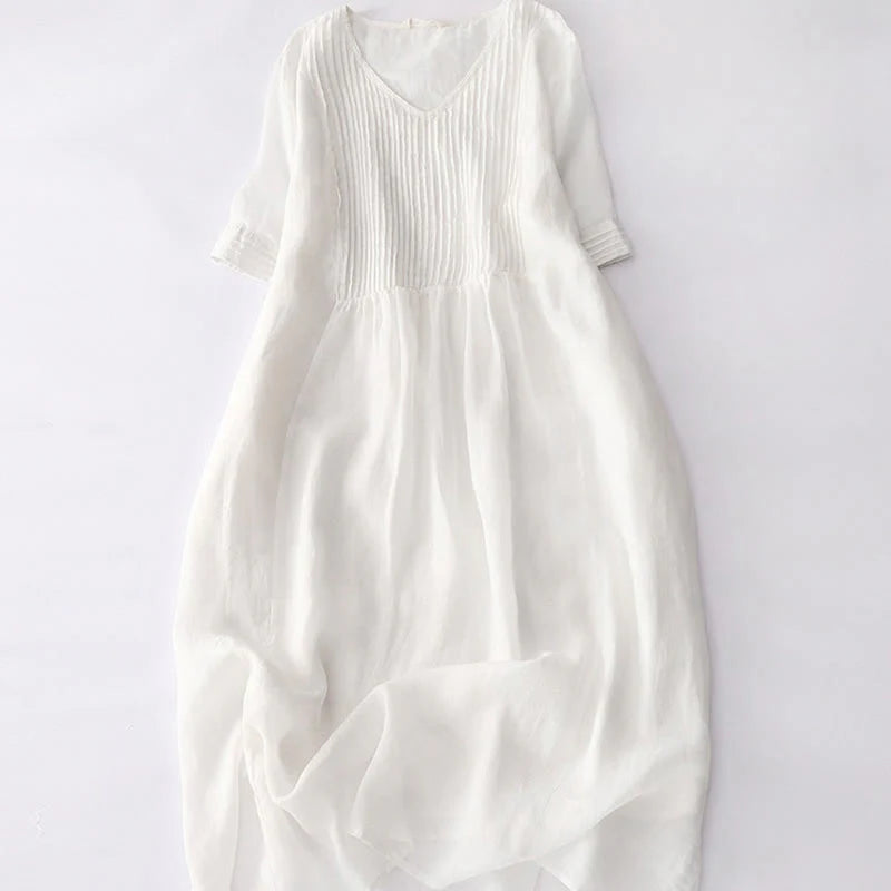 Buddha Stones Casual Accordion Pleat Plain V-neck Short Sleeve Cotton Midi Dress With Pockets
