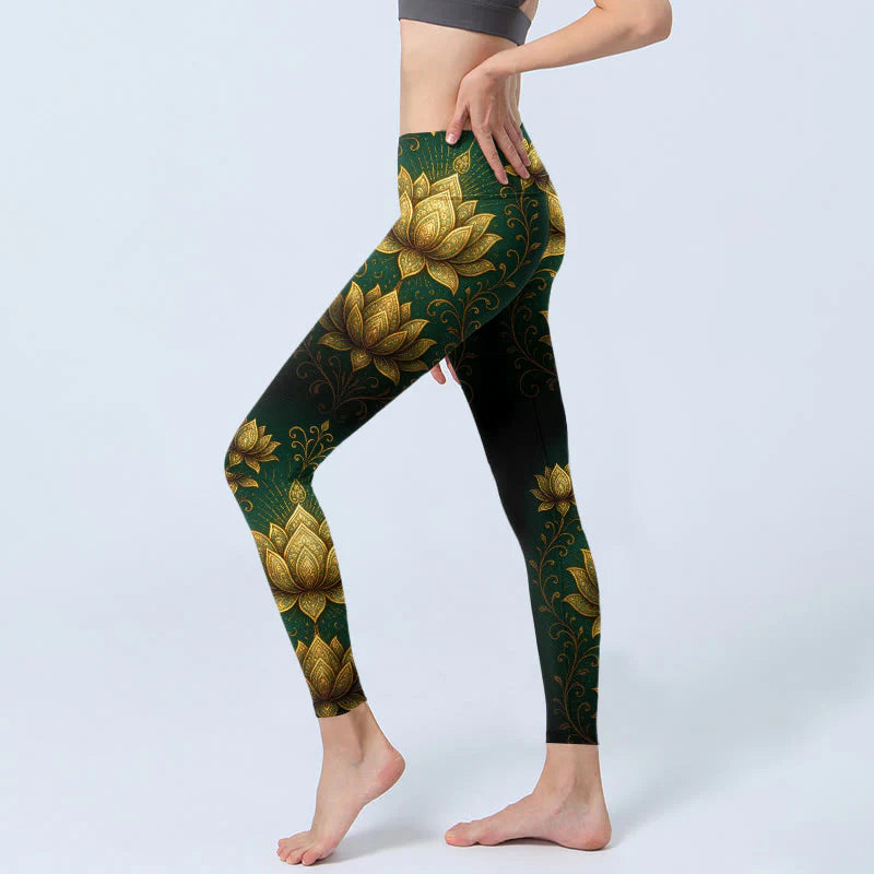 Buddha Stones Golden Lotus Pattern Print Gym Leggings Women's Yoga Pants