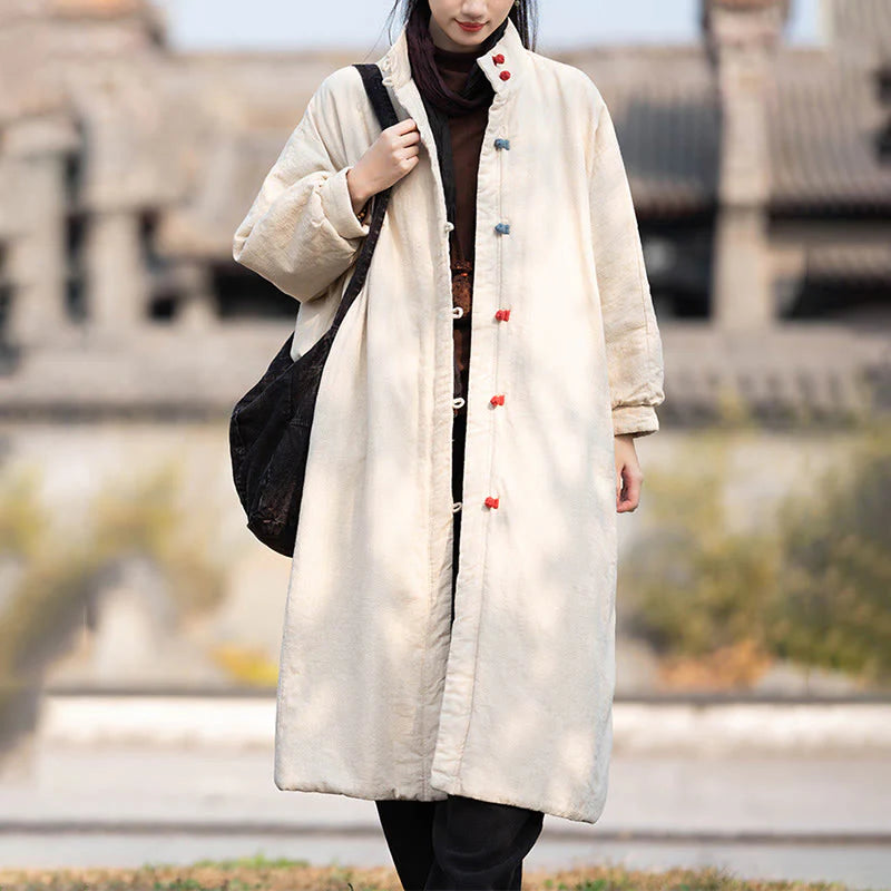 Buddha Stones Winter Solid Frog-Button Ramie Cotton Women's Long Sleeve Thermal Coat With Pockets
