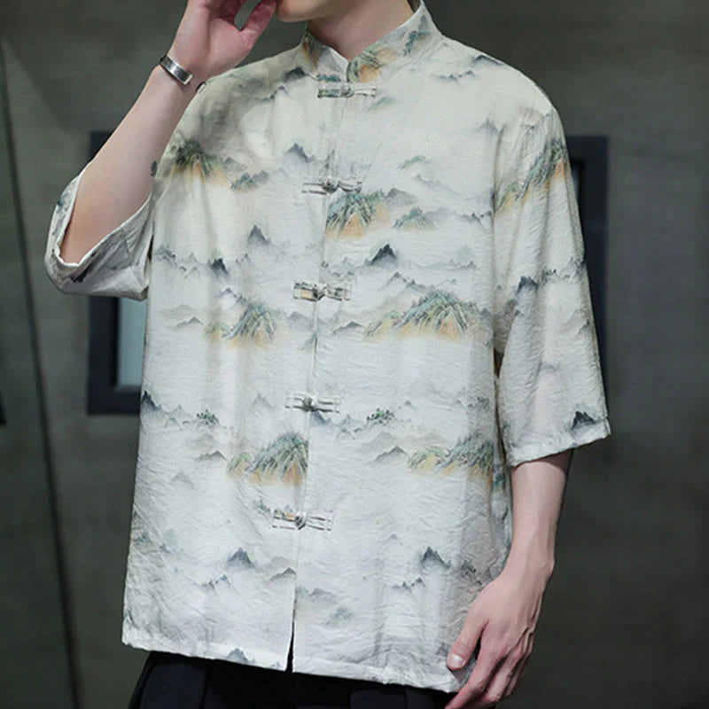 Buddha Stones Ink Painting Mountains Chinese Frog-Button Tang Suit Men's Half Sleeve Cotton Linen Shirt