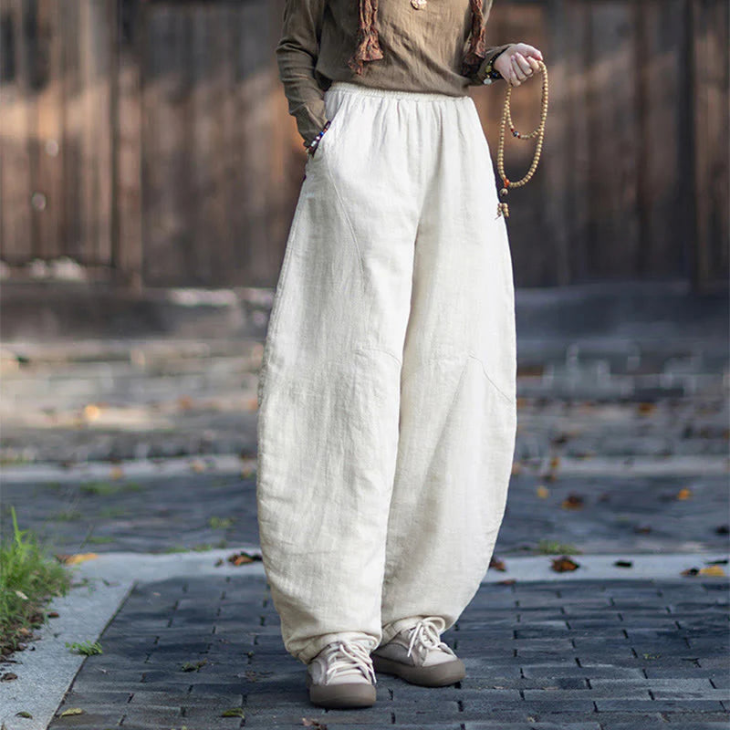Buddha Stones Winter Elastic Waist Ramie Cotton Thermal Women's Pants With Pockets