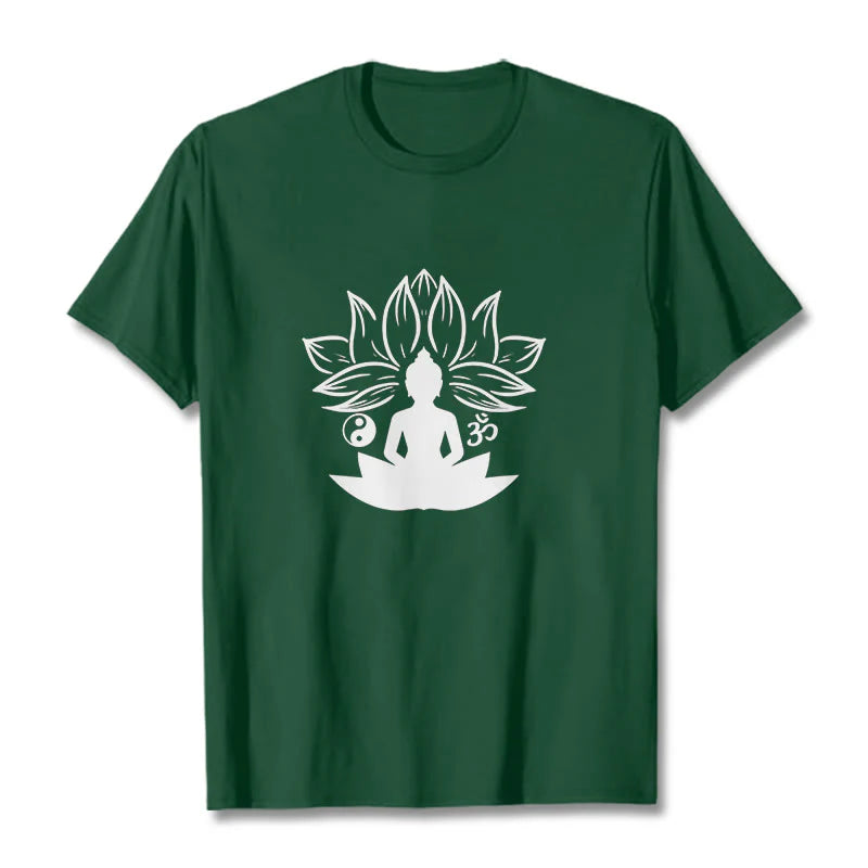 Buddha Stones Om Yin Yang Buddha Statue Sitting Lotus Meditation Tee T-shirt