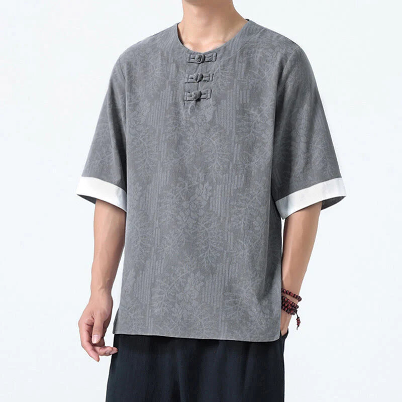 Buddha Stones Summer Flowers Grass Pattern Tang Suit Men's Frog-Button Half Sleeve Cotton Shirt