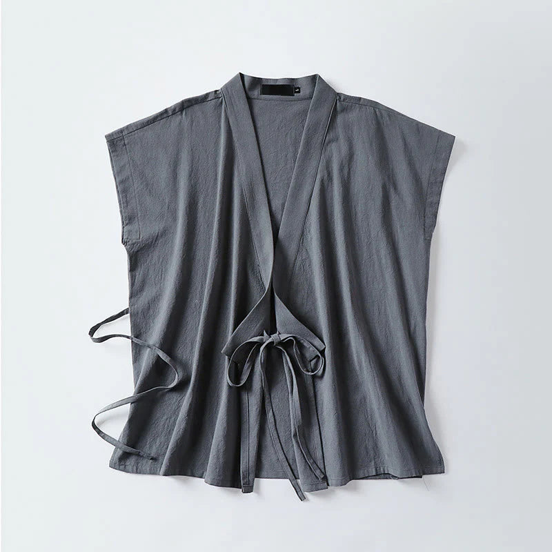 Buddha Stones Summer Solid Color V-Neck Sleeveless Men's Cotton Linen Vest