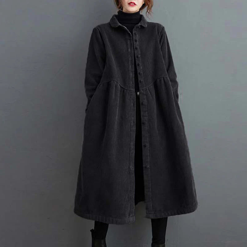 Buddha Stones Plain Buttons Long Sleeve Women's Cotton Corduroy Fleece-Lined Coat With Pockets
