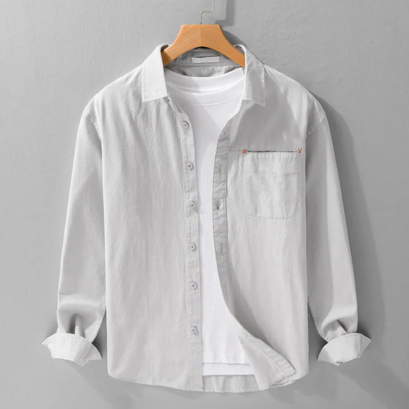 Buddha Stones Spring Solid Buttons Down Decorative Pocket Men's Stand Collar Long Sleeve Cotton Shirt