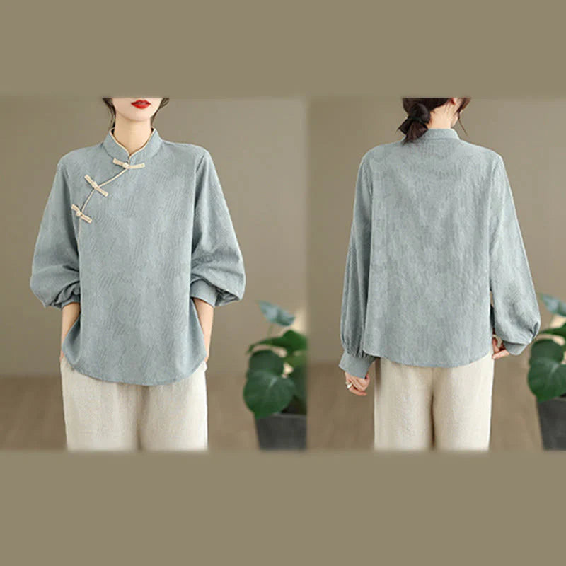 Buddha Stones Spring Traditional Floral Frog-Button Stand Collar Long Sleeve Women's Cotton Shirt