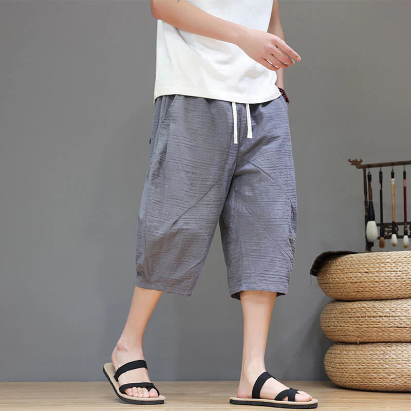 Buddha Stones Vintage Jacquard Solid Color Drawstring Cropped Cotton Linen Men's Harem Pants With Pockets