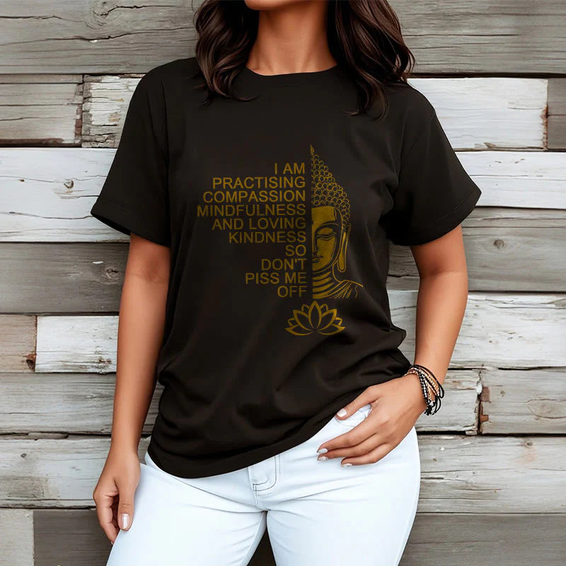 Buddha Stones Casual Golden Side Buddha Lotus Flower Pattern Cotton Tee T-Shirt