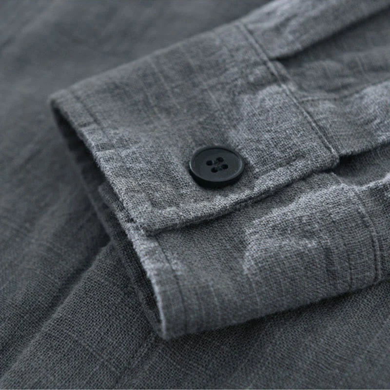 Buddha Stones Men's Fall Plain Ramie Cotton Long Sleeve Lapel Shirt With Pockets