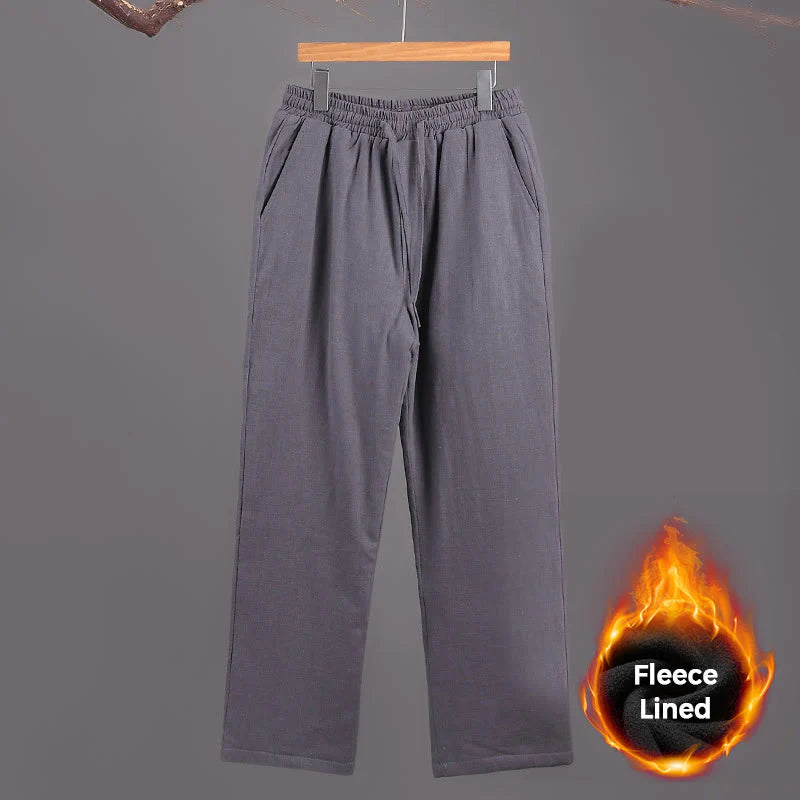 Buddha Stones Winter Men's Fleece Lined Drawstring Linen Pants With Pockets