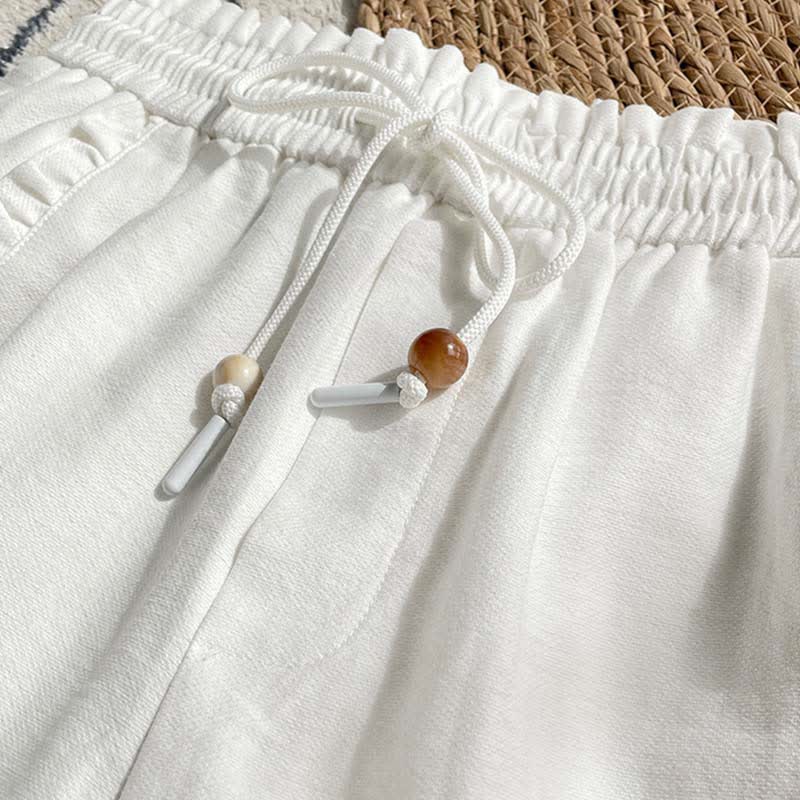 Buddha Stones Summer Drawstring Ruffle Elastic Waist Women's Shorts With Pockets