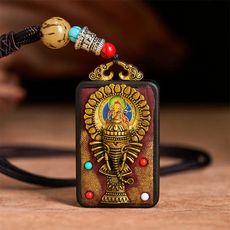 Buddha Stones Tibetan Ganesh Ganpati Elephant Ebony Wood Rope Peace Necklace Pendant