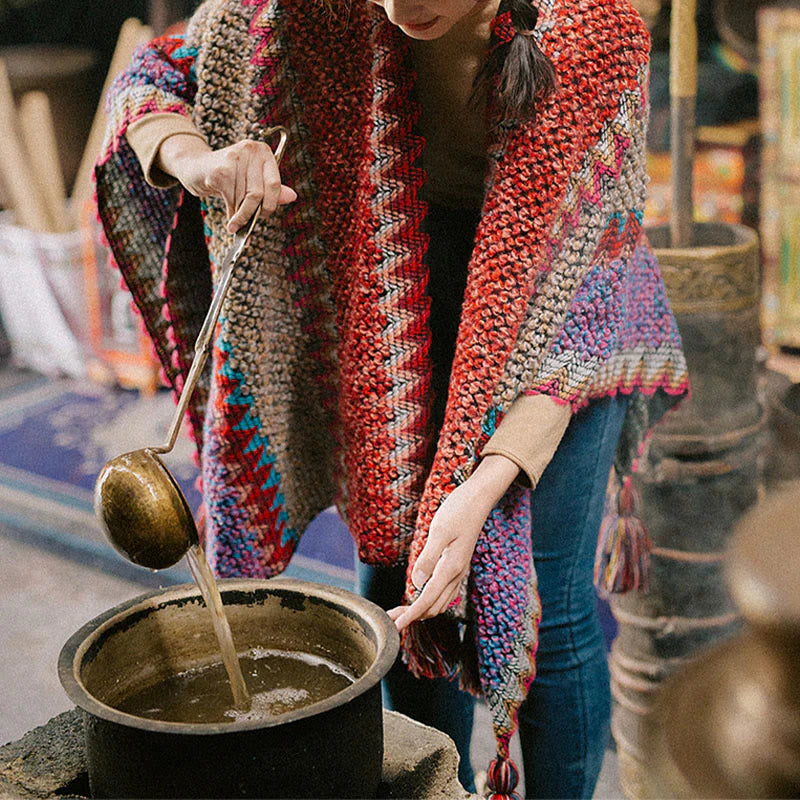 Buddha Stones Tibetan Shawl Warm Cloak Tibetan Tassel Scarf