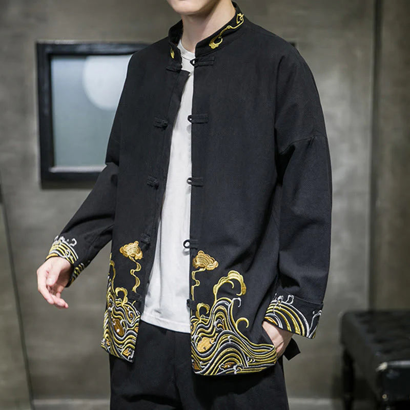 Buddha Stones Embroidered Clouds Frog-Button Long Sleeve Men's Cotton Tang Suit Jacket