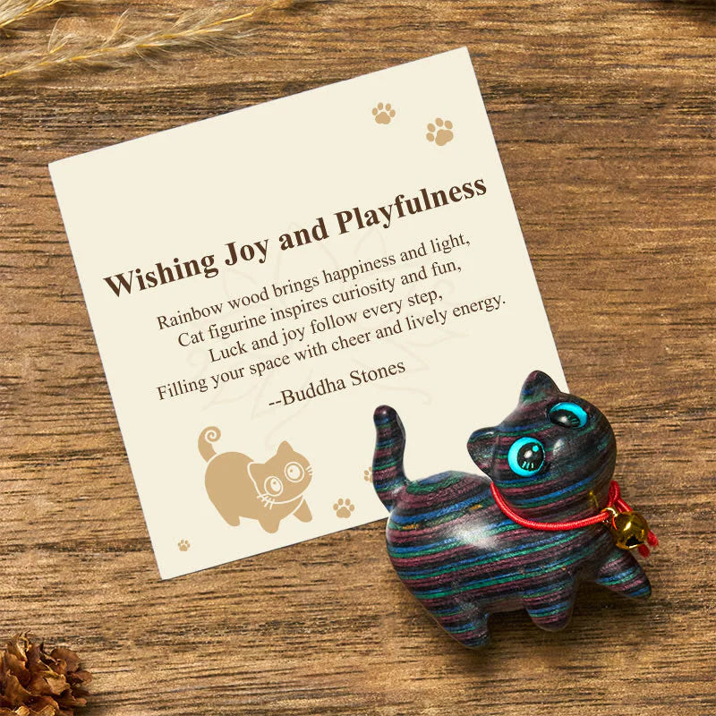 Buddha Stones Wishing Joy and PlayfulnessColored Sandalwood Cat Decor Includes Gift Message Card