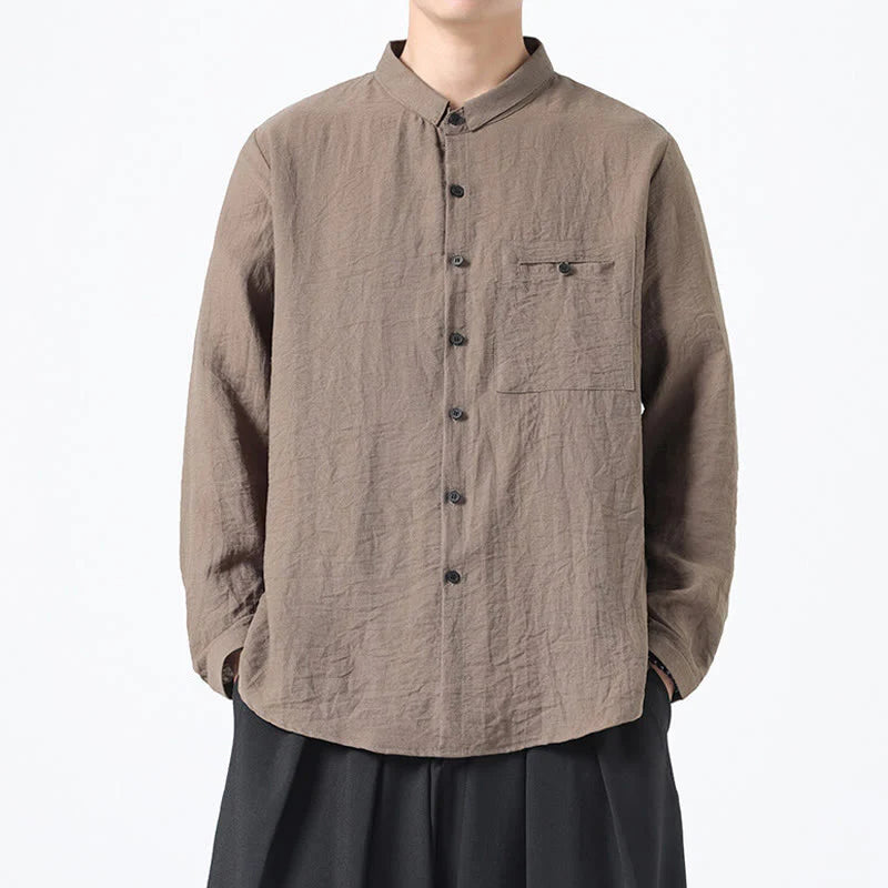 Buddha Stones Vintage Plain Buttons Down Stand Collar Long Sleeve Men's Cotton Shirt