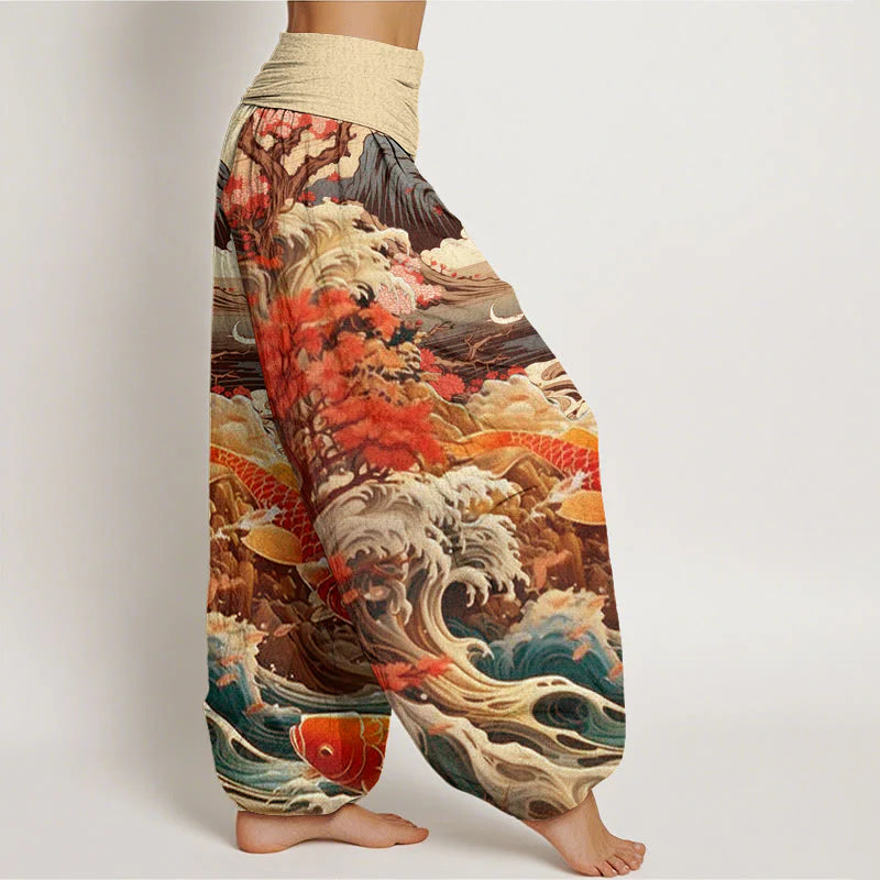 Buddha Stones Cotton Casual Blossoming Tree Koi Fish Wave Mountain Pattern Women's Elastic Waist Harem Pants
