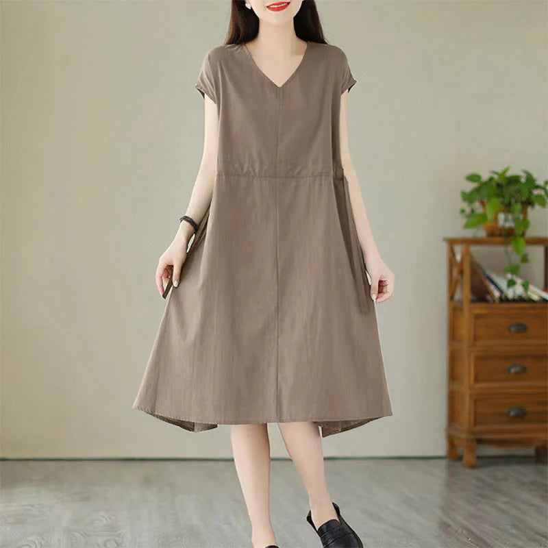 Buddha Stones Pure Color Lace-Up Short Sleeve Cotton Linen Midi Dress With Pockets