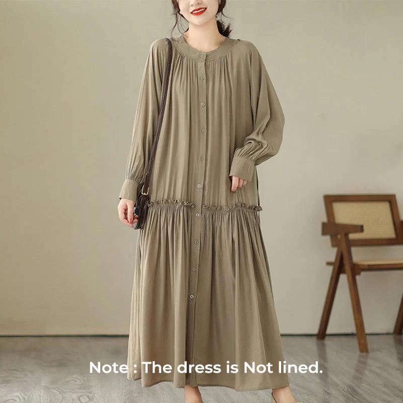 Buddha Stones Casual Plain Crew Neck Pleated Polyester Midi Dress With Pockets