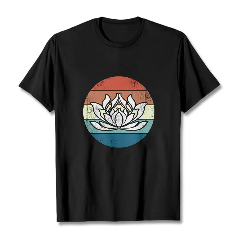 Buddha Stones Blooming Lotus Colorful Striped Pattern Cotton Tee T-shirt