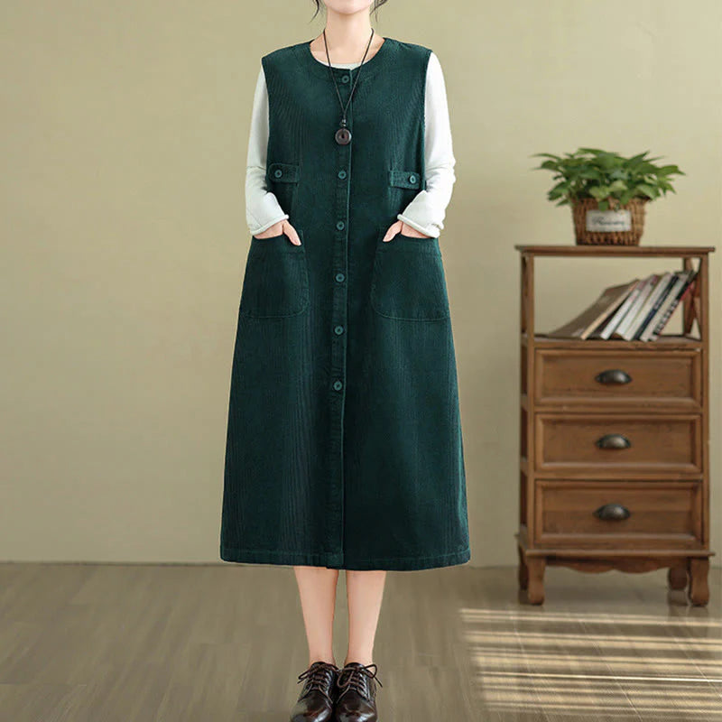 Buddha Stones Pure Colo Buttons Sleeveless Midi Dress With Pockets