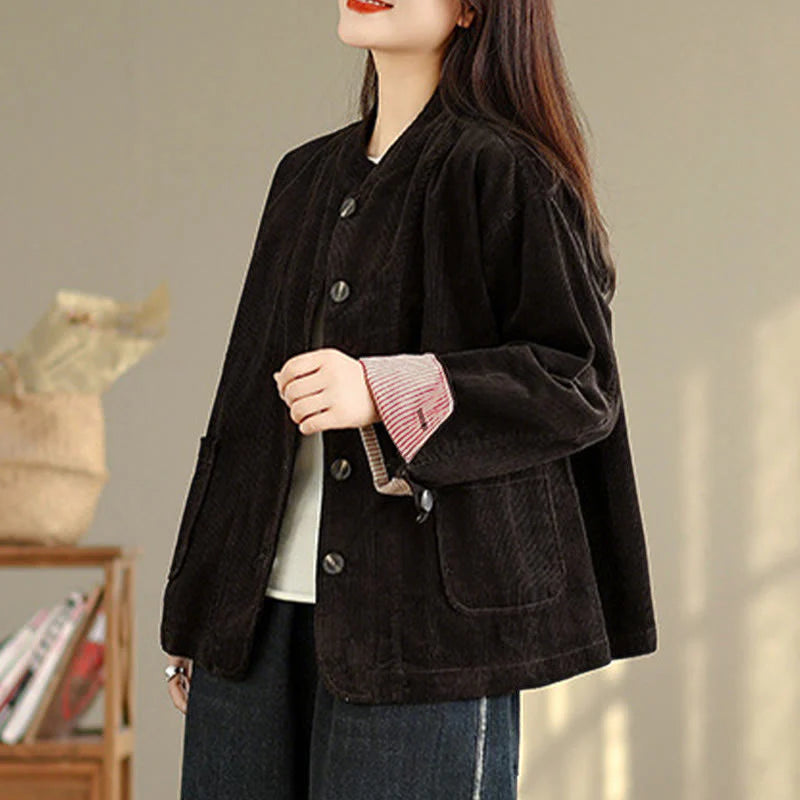 Buddha Stones Buttons Design Corduroy Long Sleeve Women's Jacket With Pockets