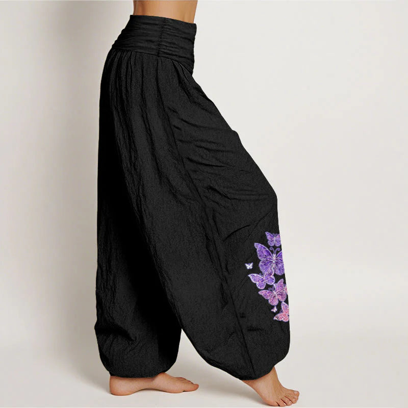 Buddha Stones Pure Cotton Pastel Butterfly Pattern Women's Elastic Waist Harem Pants