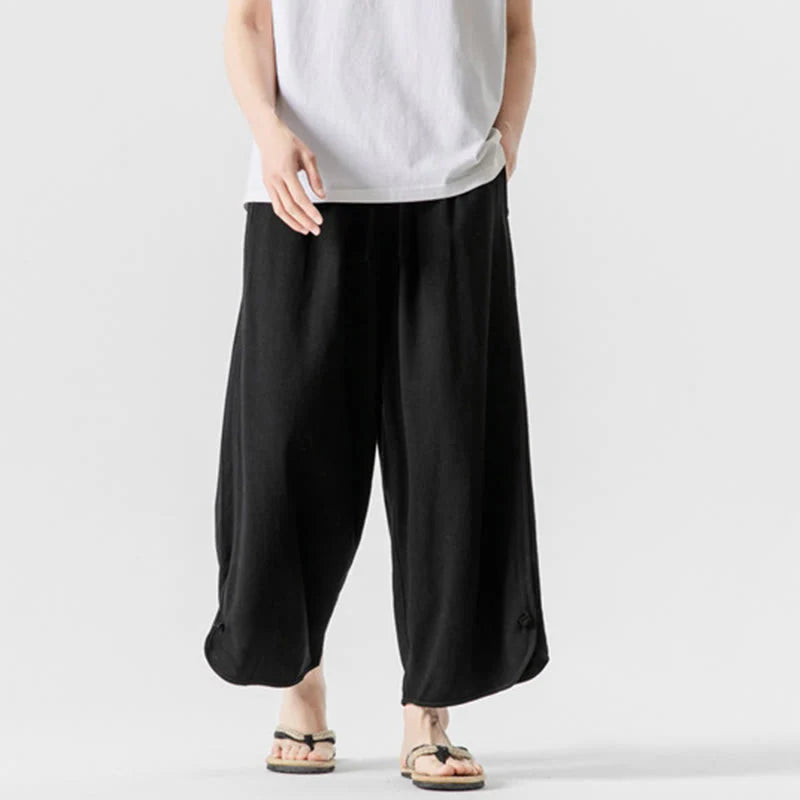 Buddha Stones Summer Plain Drawstring Design Linen Cotton Men's 7-8 Length Pants With Pockets