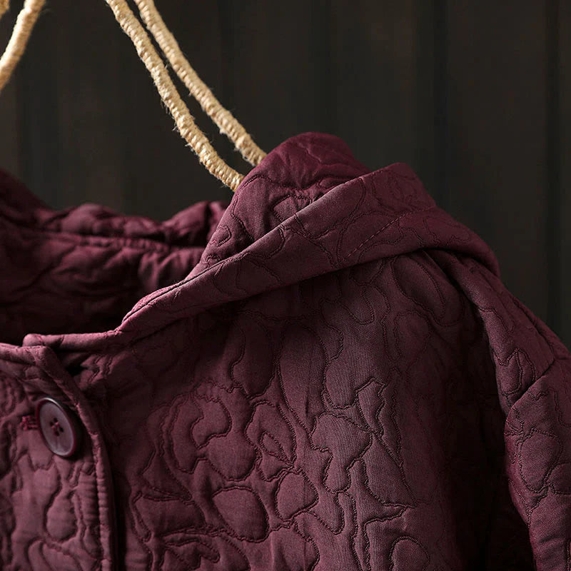 Buddha Stones Fall Buttons Long Sleeve Mid-length Jacquard Cotton Women's Jacket With Pockets
