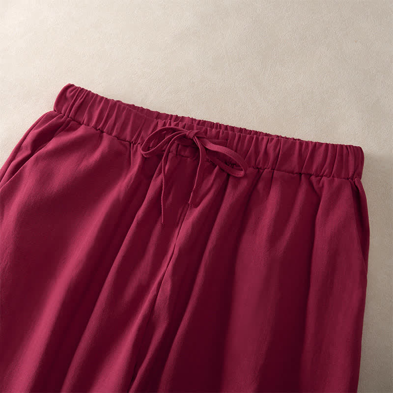 Buddha Stones Summer Lace-trimmed Hem Solid Color Women's Tapered Pants With Pockets