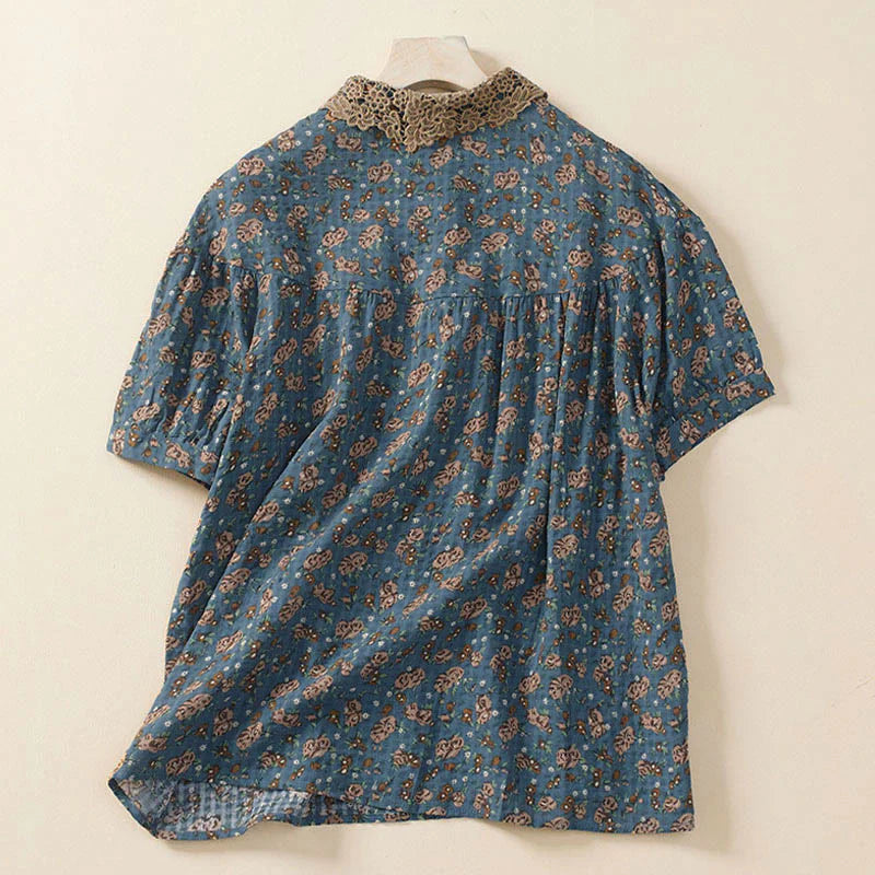 Buddha Stones Front Button Design Floral Print Pattern Women's Cotton Half Sleeve Shirt