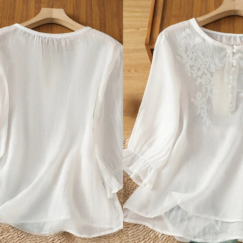 Buddha Stones Flower Vines Embroidery Button Crew Neck Three Quarter Sleeve Women's Cotton Shirt