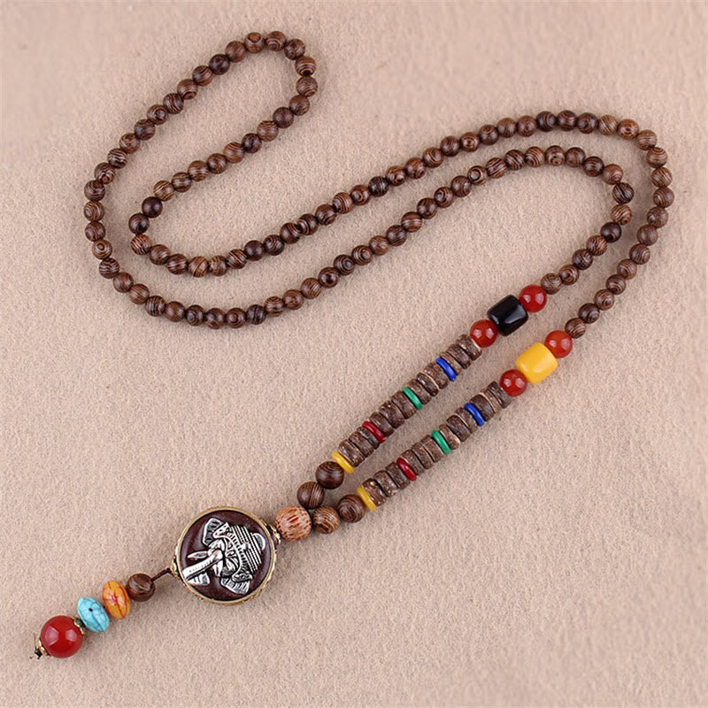 Buddha Stones Tibetan Wenge Wood Bodhi Seed Agate Elephant Protection Necklace Pendant (Extra 40% Off | USE CODE: FS40)