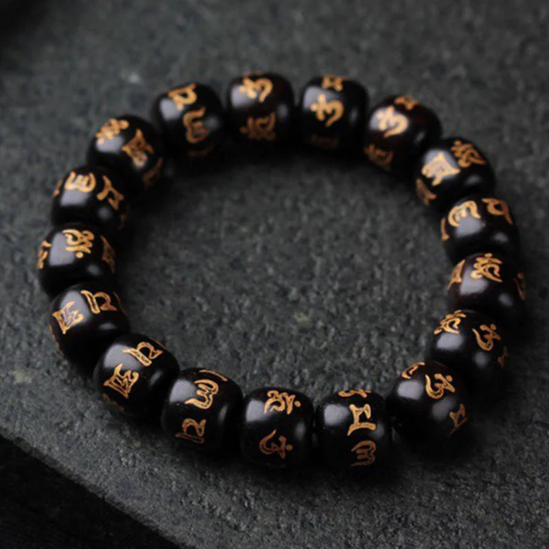 Buddha Stones Tibetan Ebony Wood Om Mani Padme Hum Engraved Peace Bracelet