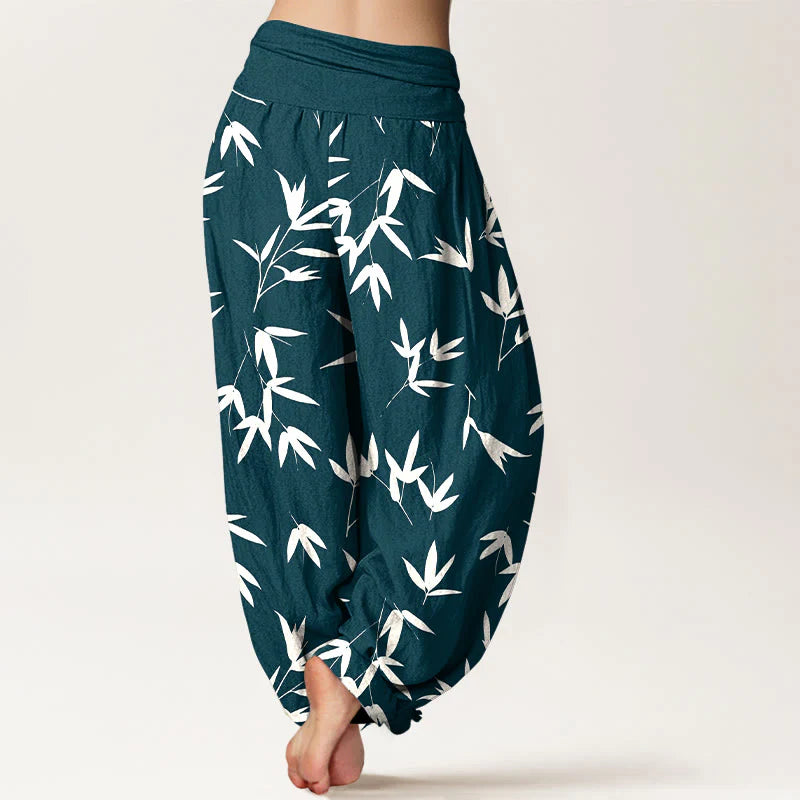 Buddha Stones Pure Cotton Simple Elegant Bamboo Leaf Pattern Women's Elastic Waist Harem Pants