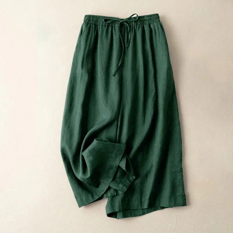 Buddha Stones Plain Color 7-8 Length Capri Cropped Pants Cotton Linen Women's Wide Leg Pants With Pockets