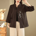 Buddha Stones Commute Embroidery Floral Pattern Three Quarter Sleeve Women's Cotton Shirt With Pockets