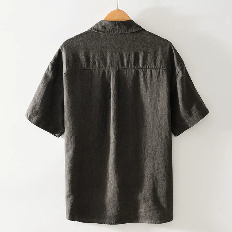 Buddha Stones Solid Summer Short Sleeve Buttons Linen Men's Shirt With Pockets