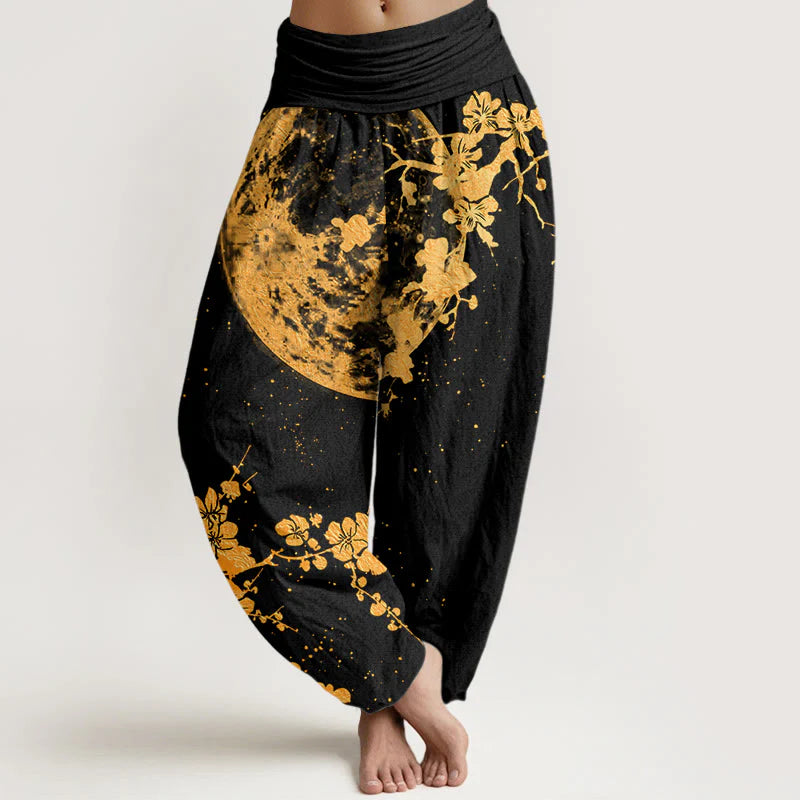 Buddha Stones Cotton Golden Plum Blossom Full Moon Pattern Women's Elastic Waist Harem Pants