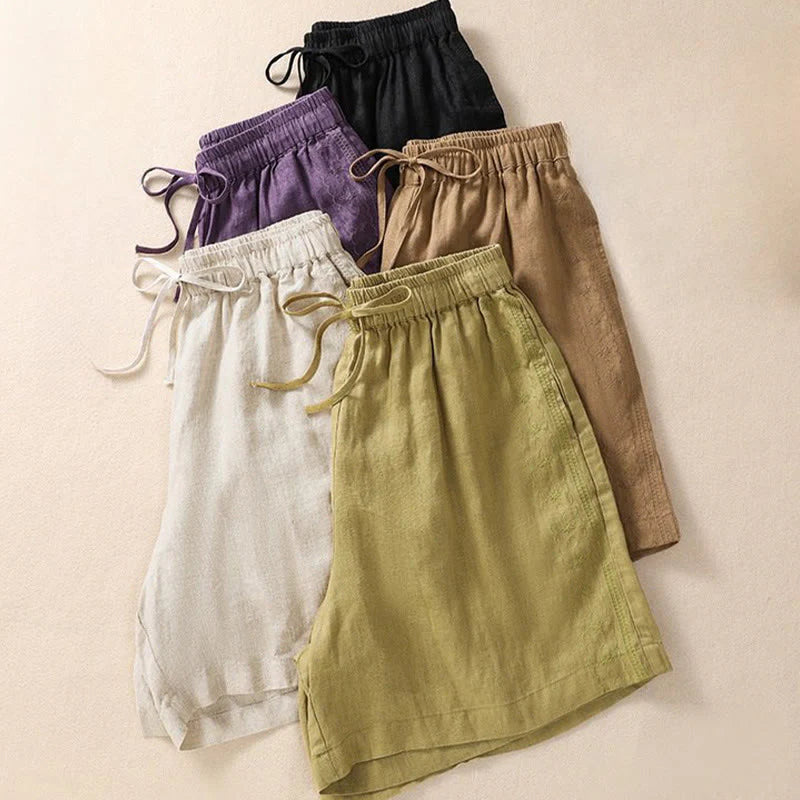 Buddha Stones Casual Floral Embroidery Pattern Drawstring Cotton Linen Women's Shorts With Pockets