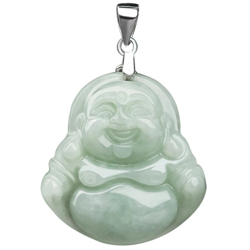 Buddha Stones Laughing Buddha Jade Blessing Titanium Steel Chain Necklace Pendant