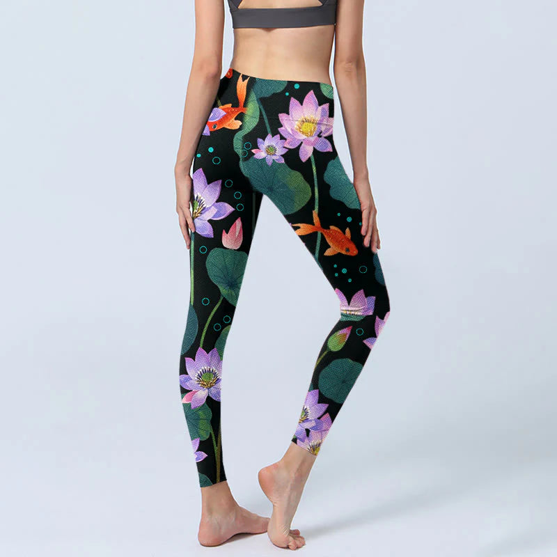 Buddha Stones Blooming Light Purple Lotus Flower Lotus Leaves Koi Fish Pattern Print Gym Leggings Women's Yoga Pants