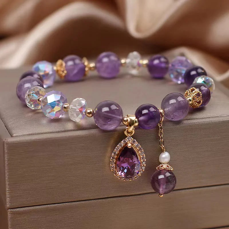 Buddha Stones Natural Amethyst Zircon Love Heart Healing Soul Charm Bracelet