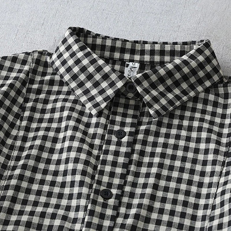 Buddha Stones Casual Vintage Plaid Pattern Lapel Short Sleeve Cotton Midi Dress With Pockets